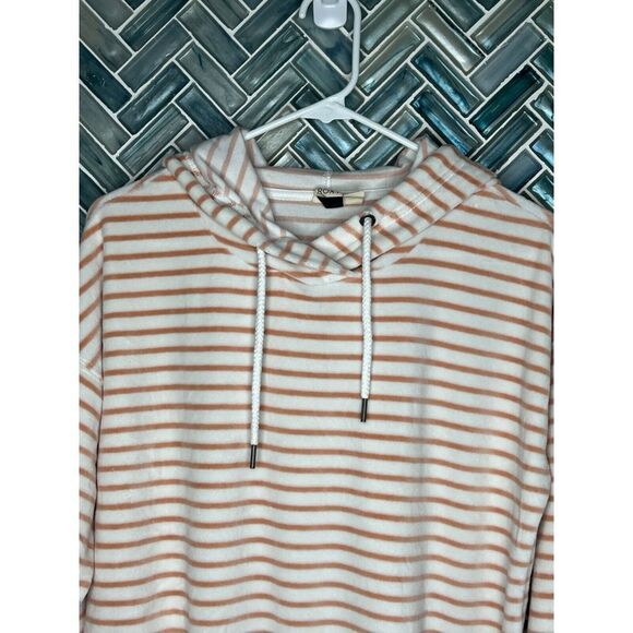 ROXY WOMENS PEACH WHITE STRIPED XS VELOUR PULLOVER HOODIE HOODED SOFT SWEATSHIRT - Picture 2 of 11